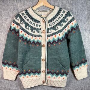 Vintage Del Mundo Handmade Wool Cardigan Green OS Ecuadorian Chunky Wood Button